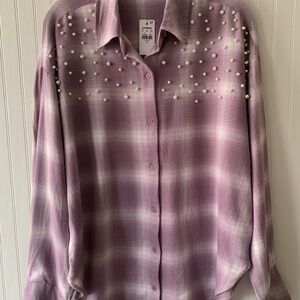 Express Lavender Plaid Pearl-Accent Boyfriend Shirt